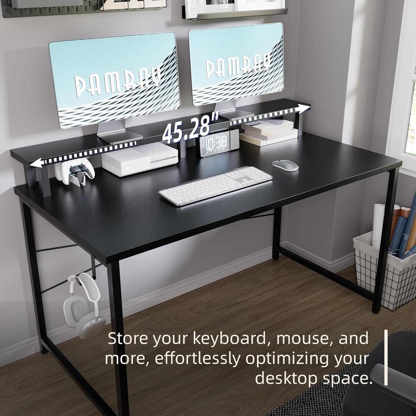 Pamray 47 Inch Small Computer Desk with Monitor Stand, Simple Office Desk with Headphone Hook for Small Spaces, Kids Study Writing Table for Bedroom, Black