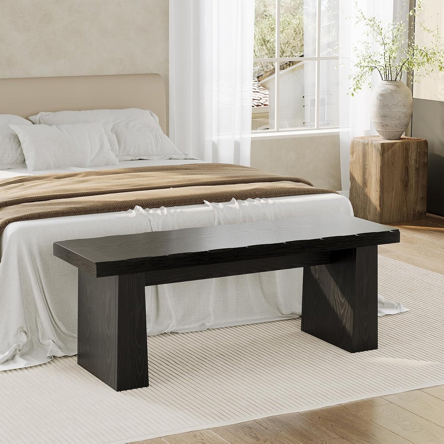 LITTLE TREE 47-Inch Wooden Entryway Bench, Farmhouse Dining Bench with Sturdy Frame for Dining Room, Bedroom, Living Room Hallway Kitchen, Easy Assembly (Black)