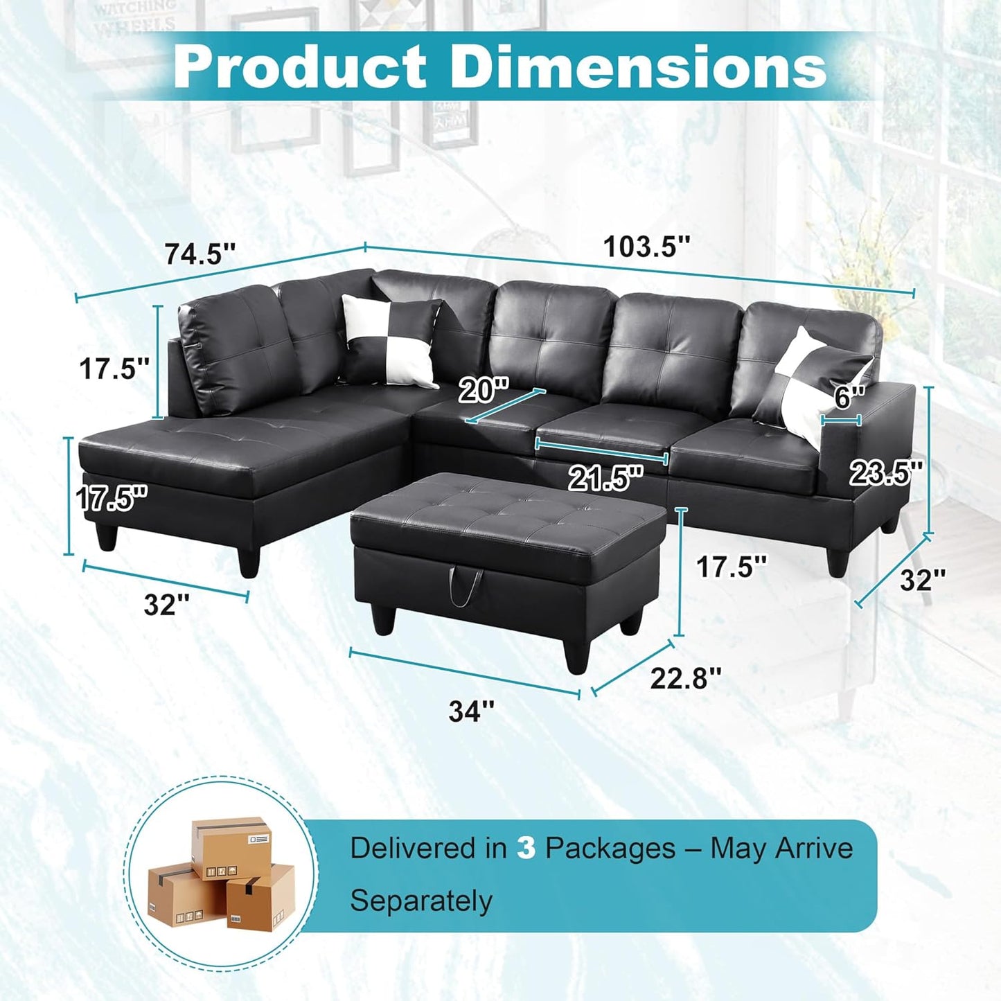 103.5" Oversized Sectional Couch, L Shaped Couch with Storage Ottoman, Modern Modular Sofa with Deep Seat, Sectional Couches for Living Room and Office, Jet Black (Faux Leather)