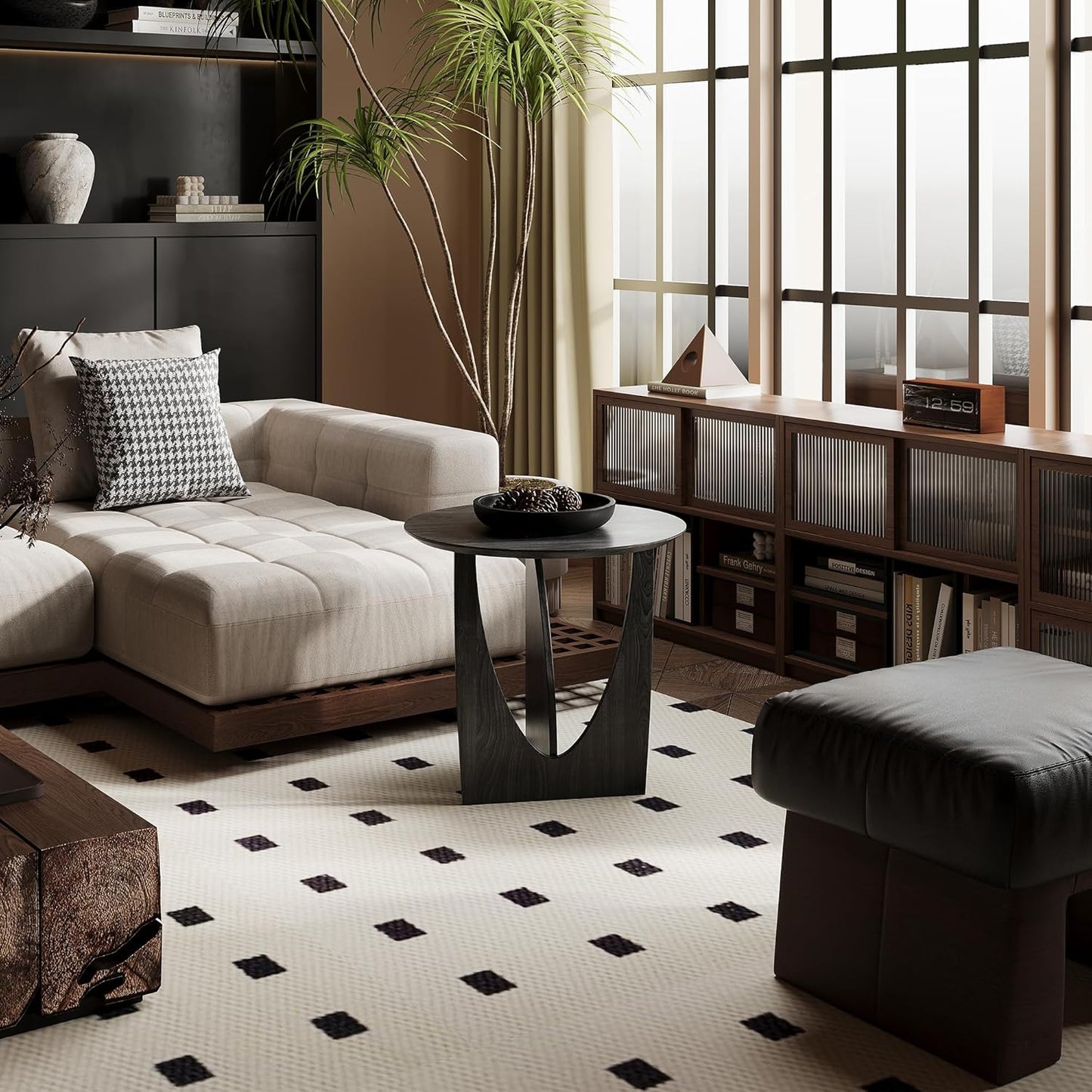 Round Side Table,Modern Aesthetic End Table with Oak Veneer,Wood Accent Table for Living Room, Bedroom (A, Black)