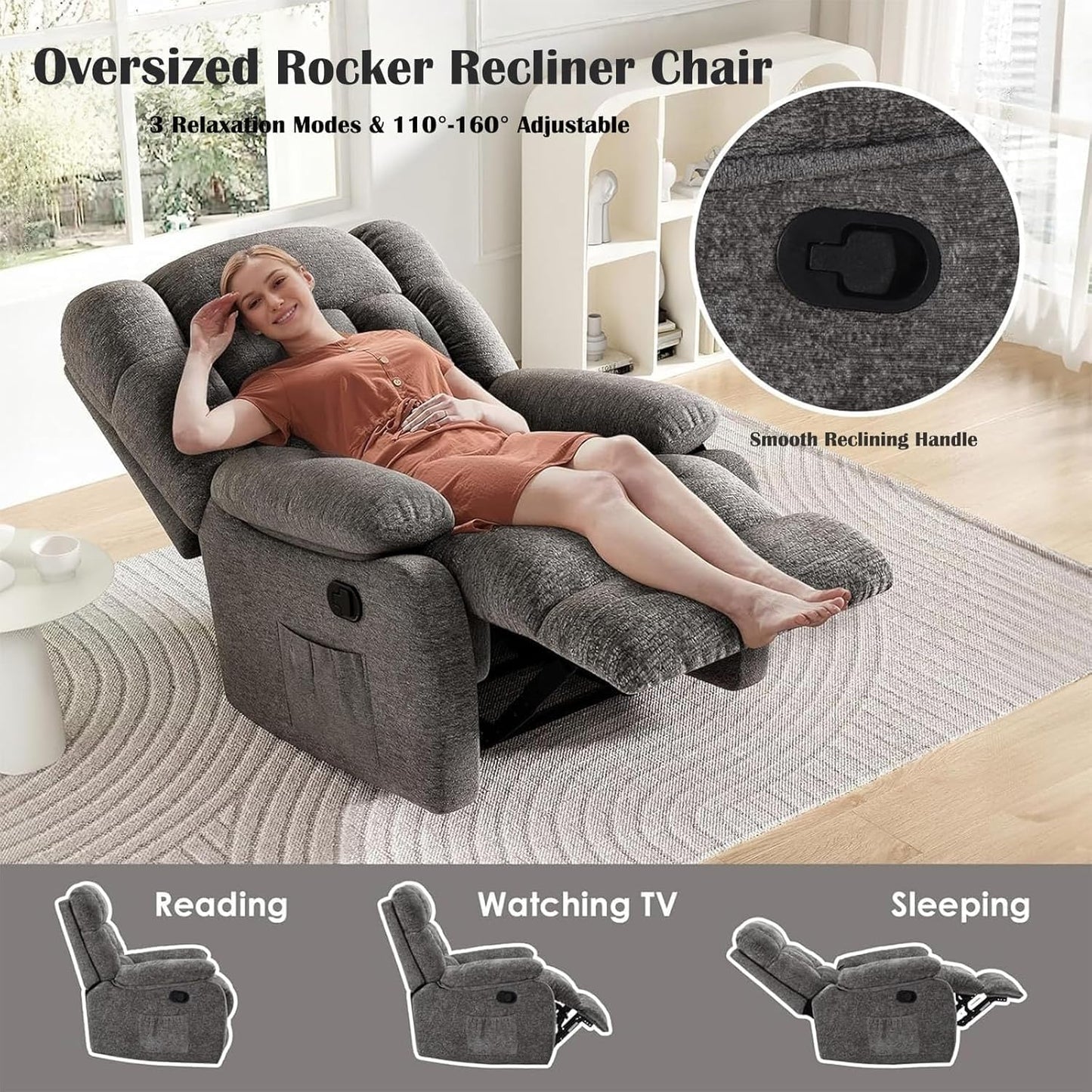 Oversized Recliner Chair, Adjustable Recliner with Side Pockets, Living Room Reclining Lounge Chair for Adults, Small Spaces Comfy Sofa with Theater Seating for Bedroom, Gray