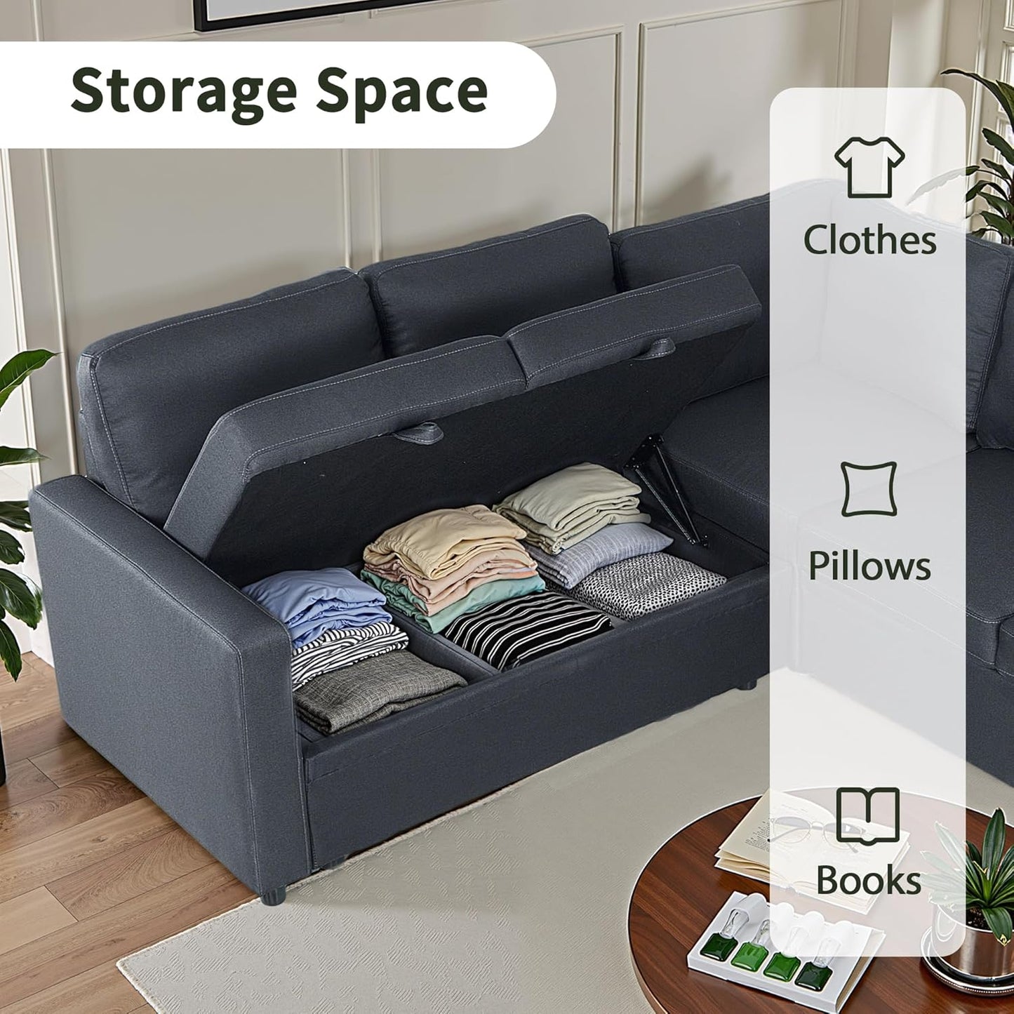 83" Pull Out Sleeper Couch with Storage Chaise, Couch, Sofa Bed, Convertible L Shaped Sofa for Living Room, Apartment, Black Grey