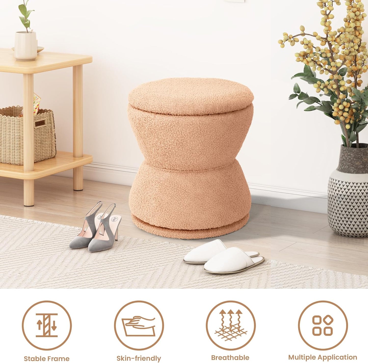 360 ° Swivel Storage Ottoman, Boucle Ottoman Vanity Stool, Upholstered Footstool with Storage Removable Lid, Modern Round Boucle Footrest Coffee Table for Living Room, Dorm, Makeup Room, Coral