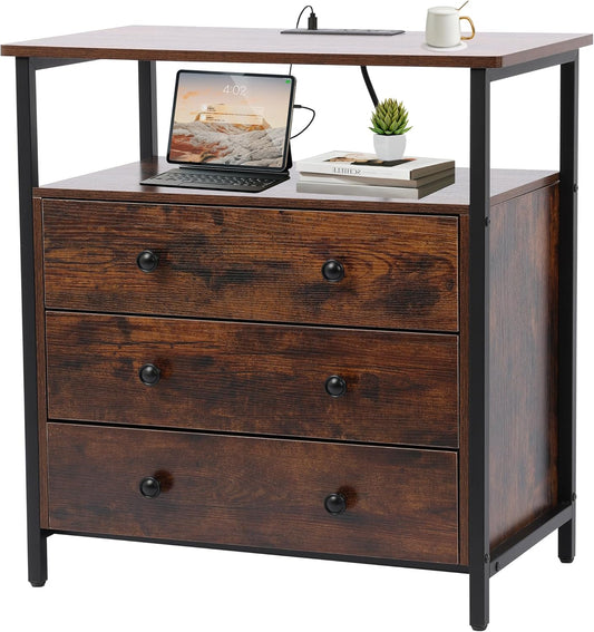 3 Wooden Drawers Night Stand, 27 Inch Wide Nightstand with Charging Station and Adjustable Drawers, Bedside Table for Living Room/Bedroom/Office, Retro Brown.
