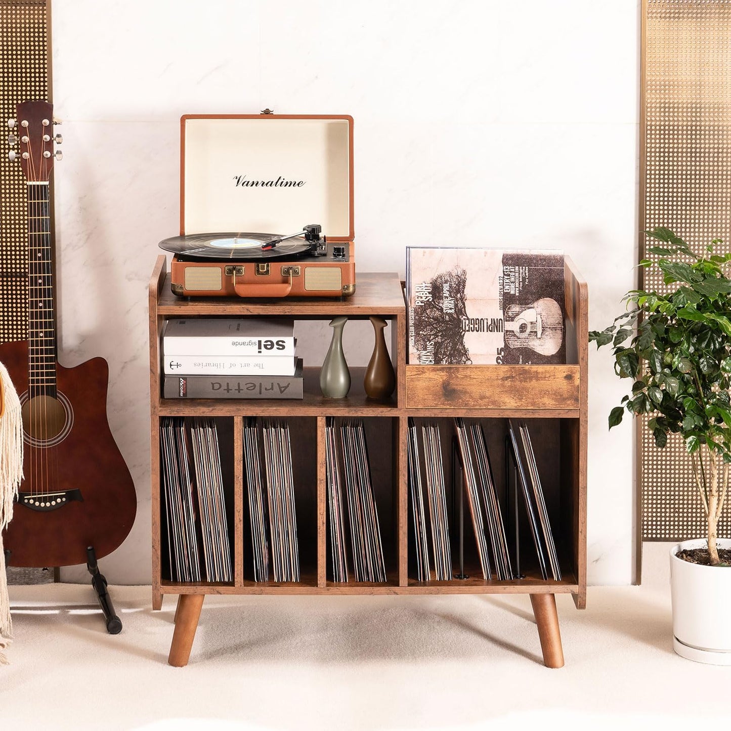 Record Player Stand, Large Record Player Table Cabinet with Open Vinyl Storage and Display Shelf Holds up to 350 Albums, Mid Century Wood Turntable for Living Room, Bedroom (Brown)