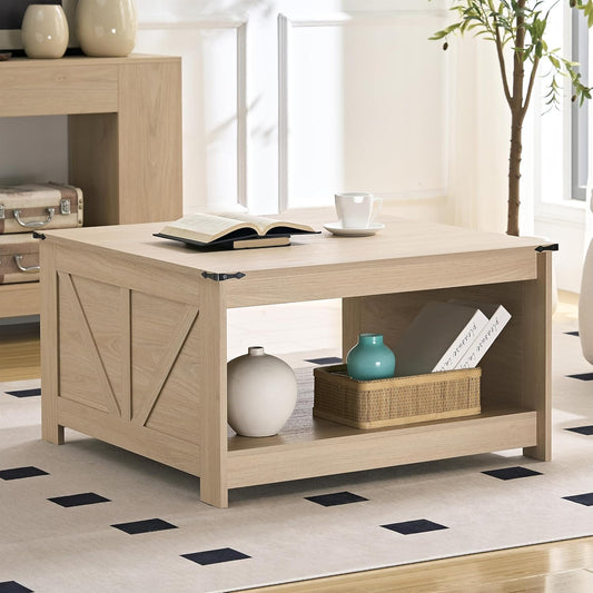 Farmhouse Coffee Table for Living Room, Wood Square Coffee Tables, 31.5" D x 31.5" W, Natural Oak