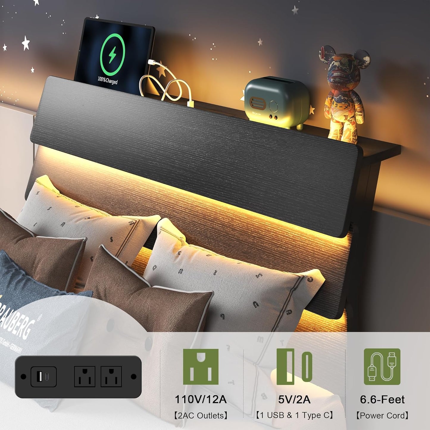 Feonase Twin Floating Bed Frame with Led Lights and Charging Station, Wood Twin Size Bed Frame with Storage Headboard, Heavy Duty Metal Slats, No Box Spring Needed, Easy Assembly, Black