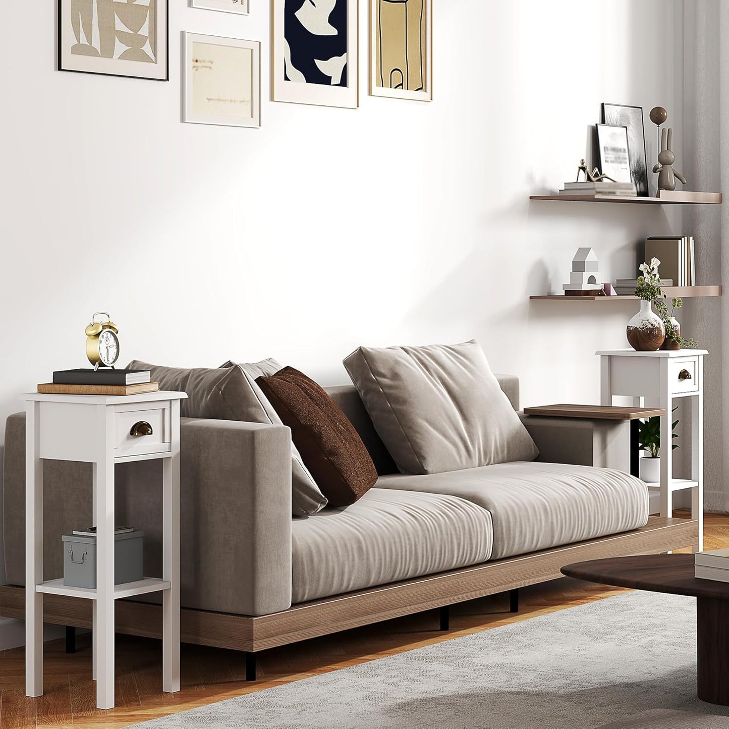 HOMCOM 2-Tier Side Table with Drawer, Narrow End Table with Bottom Shelf, for Living Room, Set of 2, White