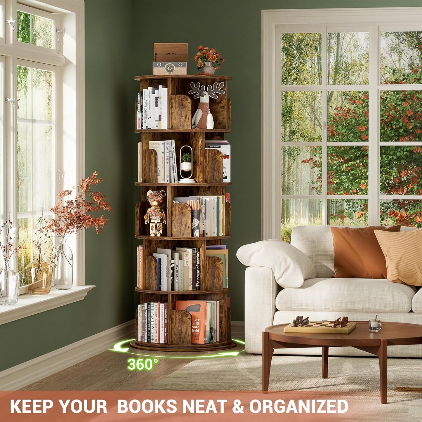 Rotating Bookshelf Tower, 5 Tier Spinning Bookcase, Revolving 360 Book Shelf Narrow Tall Bookcase, Vertical Turning Round Bookshelf Organizer, Corner Book Shelf for Small Space, Rustic Brown