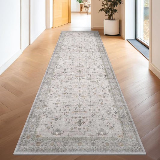 Boho 3x16 Wide Hallway Runner - Light Gray and Taupe, Washable Low Pile Non Slip Stain Resistant 16ft Runner Rug for Long Kitchen, Hall Way, Floral Decor