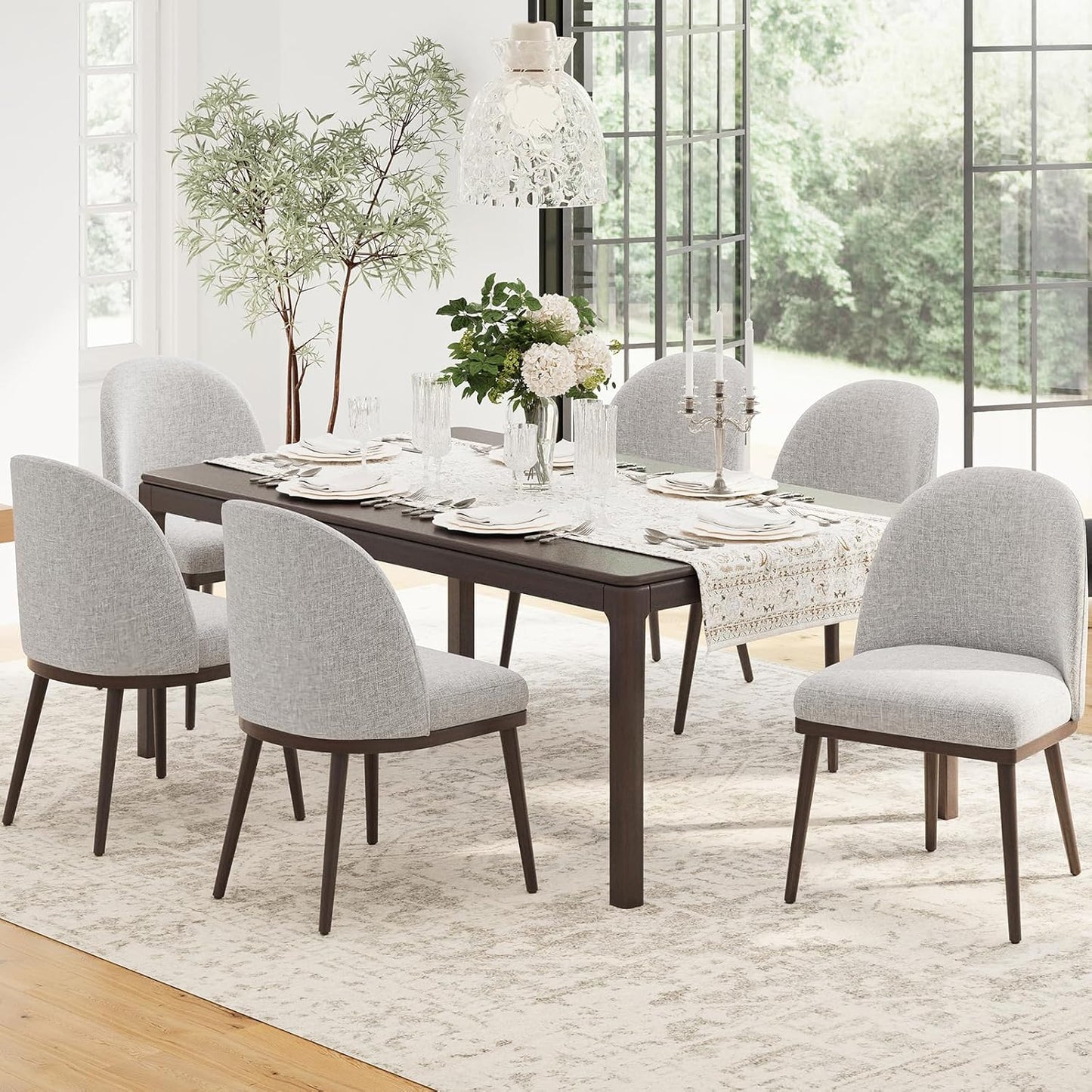 COLAMY Upholstered Dining Chairs Set of 6, Large Dining Room Kitchen Chairs with High Back and Deep Seat, Modern Fabric Dinner Chairs with Wood Legs, Light Grey