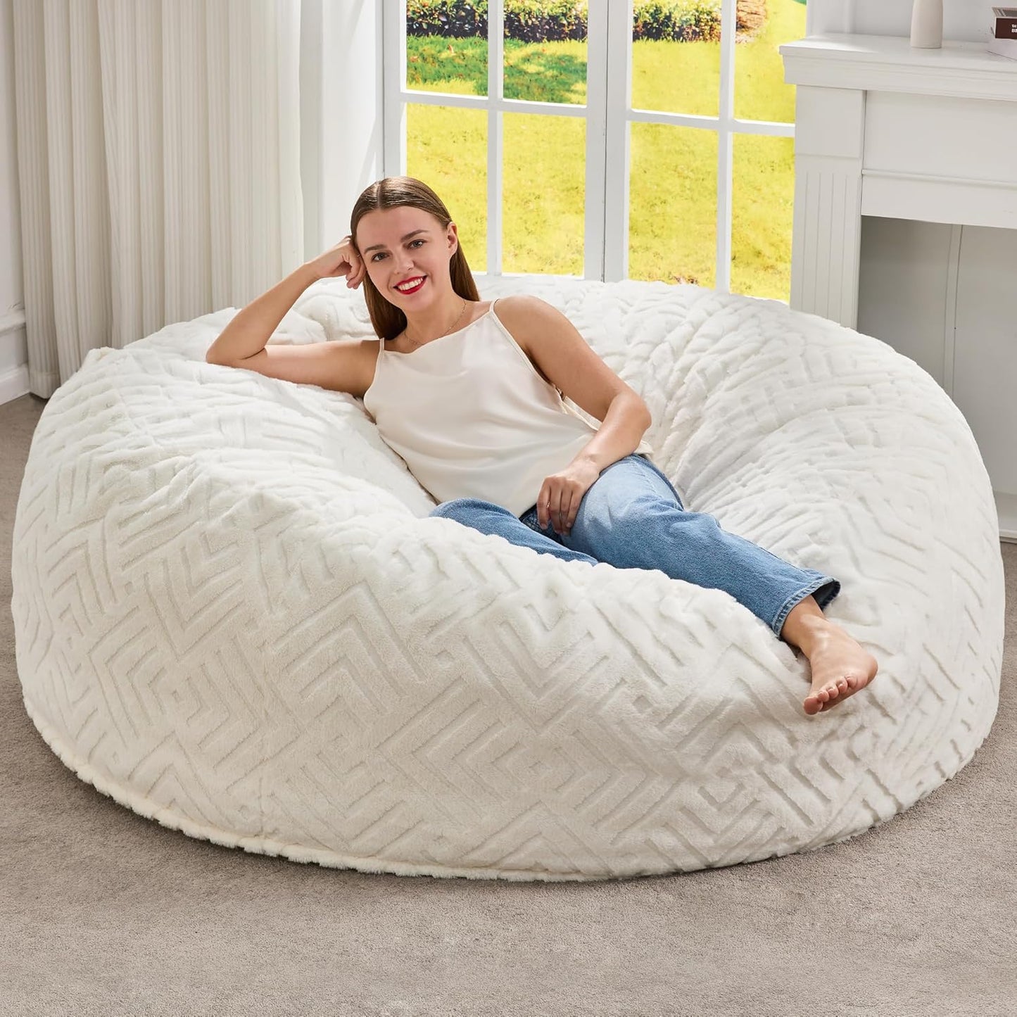 Hobestluk Bean Bag Chairs Adults Beanbag Chair with Filler Large Bean Bags with Fluffy Embossed Cover, Giant Bean Bag Chairs for Adults (White, 5FT - 50” x 50” x 24”)