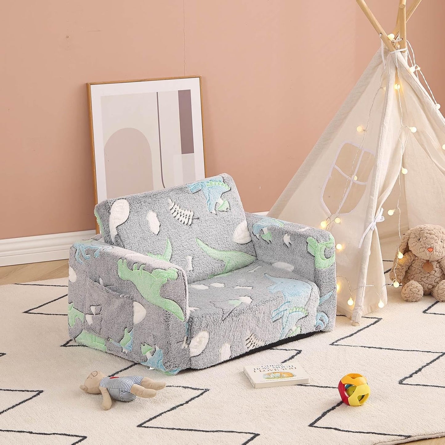 Tiita Kids Sofa, 2-in-1 Kid Chair, Convertible Toddler Couch to Lounger, Flip Out Baby Sofar, Toddler Armrest Chair Bed, Folding Kids Play Sofa for Girl or Boy(Dark Grey Dinosaur)