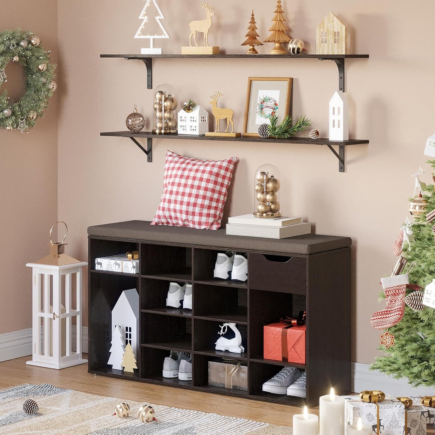 DINZI LVJ Shoe Bench, Entryway Storage Bench with Drawer and 15 Cubbies, Cubby Shoe Rack with Adjustable Shelves, Shoe Organizer Cabinet for Living Room, Bedroom, Mudroom, Closet and Garage, Espresso