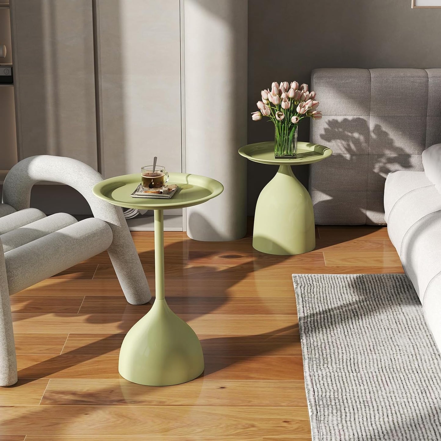 hitsuki Green Nesting Coffee Table Set of 2 Funky Colorful Round Metal End Side Tables for Living Room Sofa Retro Modern Pedestal nightstand Cute Matte Cream Green Side Table