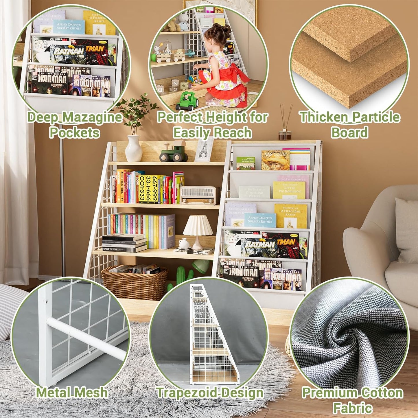 Kids Book Shelf,4 Tier Wooden Bookshelf,5 Layer Sling Children Bookcase,Toy Organizer Cabinet Chest,Book Display Shelf with Metal Frame, Nursery Playroom Classroom Library (Natural)