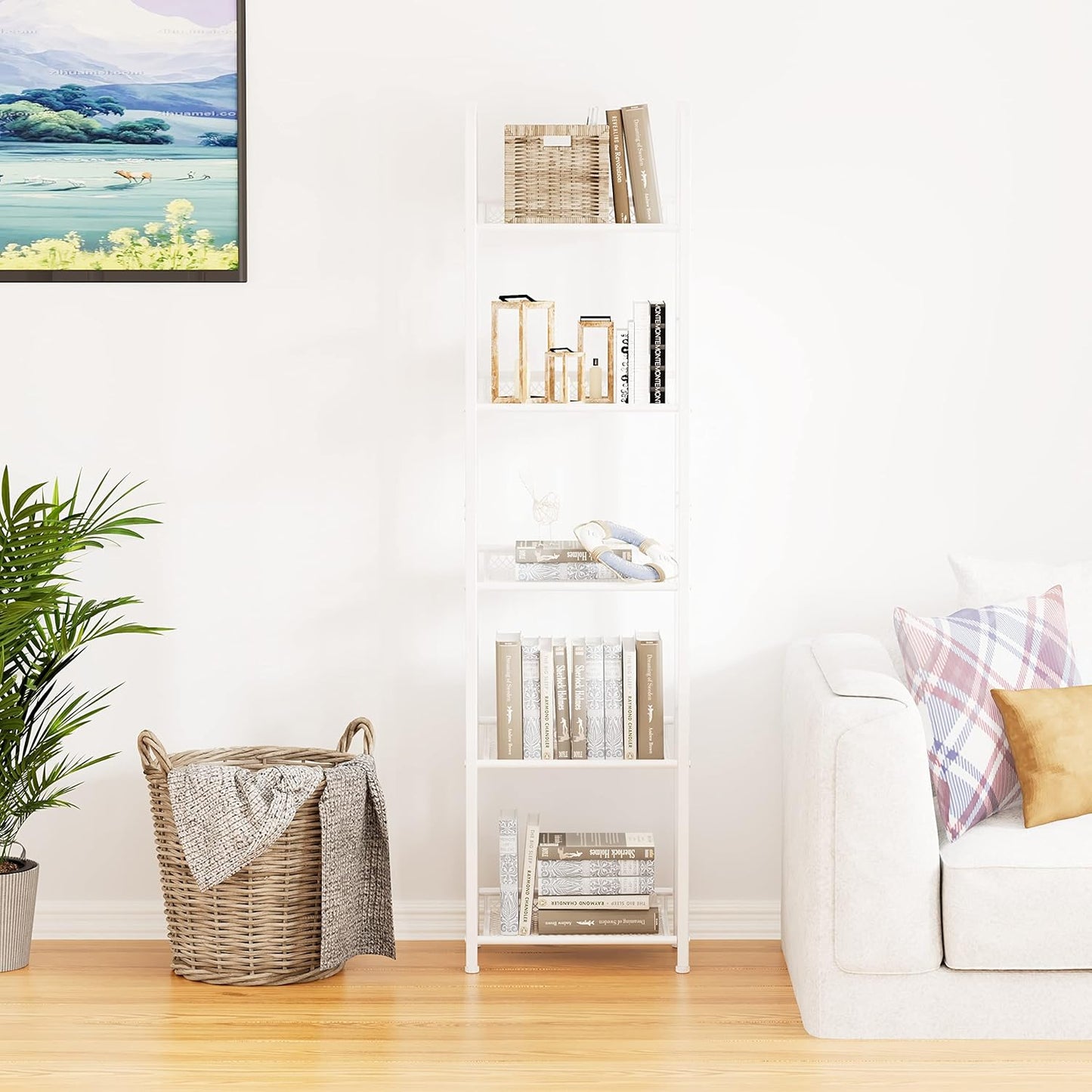 Bookshelf Storage Shelf Bookcase Freestanding Storage Stand for Living Room, Bedroom, Kitchen, Rust Resistance, Easy Assembly Free Combination Multi-Functional Organizer (5 Tiers,White)