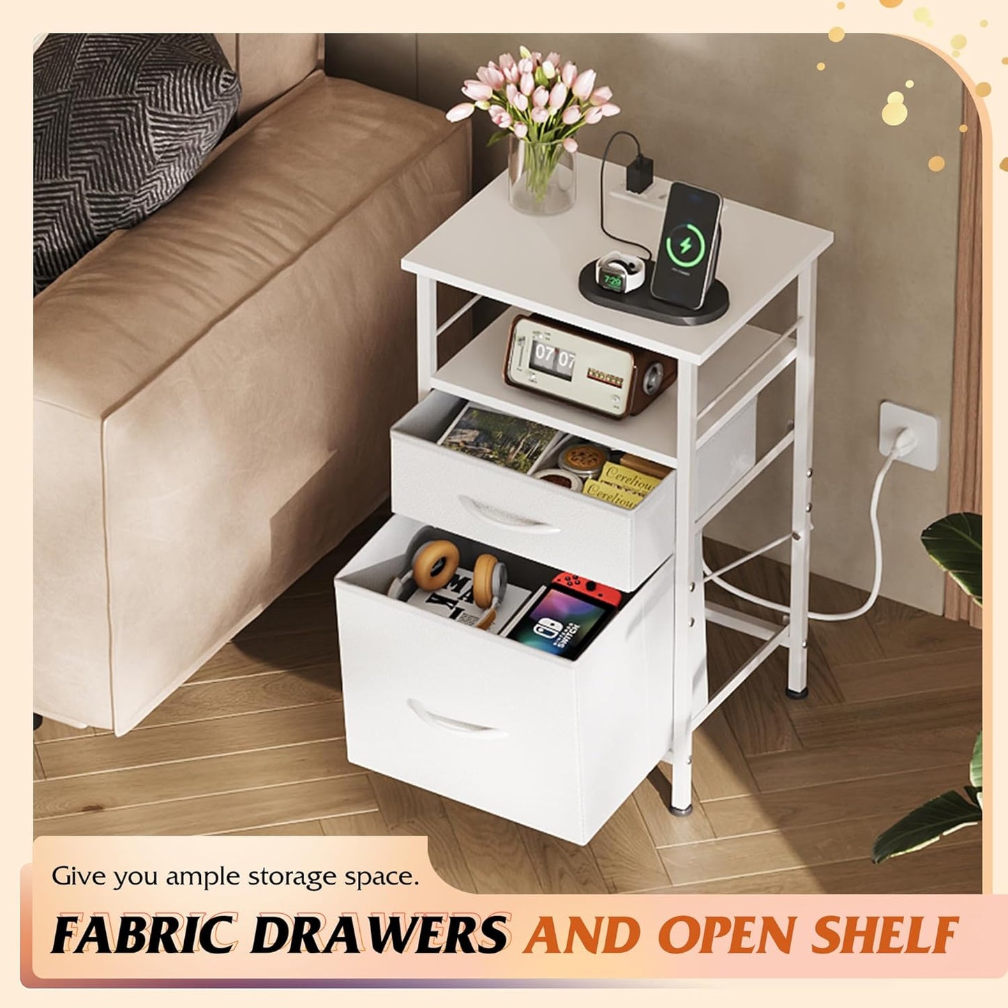 WLIVE Night Stand with Charger Station, White Nightstand with 2 Fabric Drawers, Bedside Table, Small Dresser for Bedroom, Side Table with USB Ports and Outlets