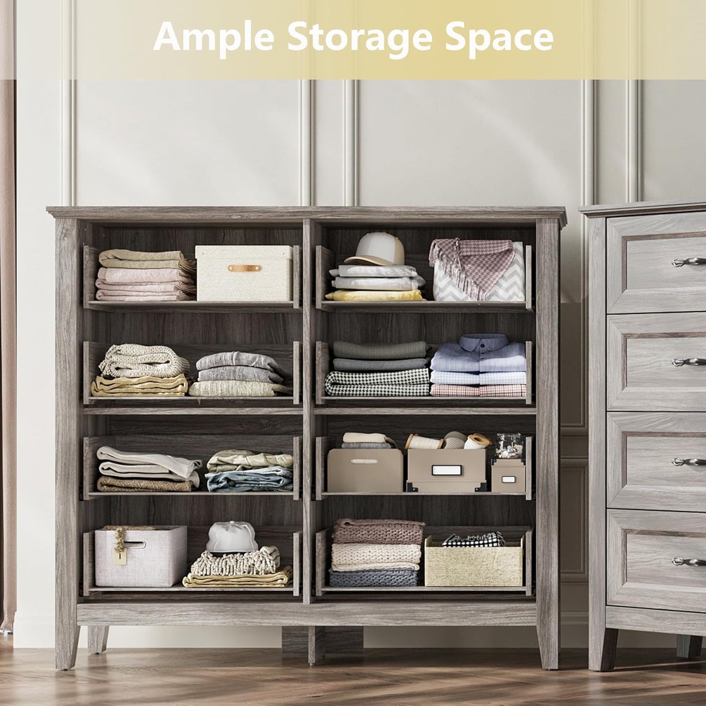 LINSY HOME 8 Drawers Dresser for Bedroom, 47" Wide Wooden Storage Chest with Antique Handles, Modern Farmhouse Dresser TV Stand with Wood Legs for Closet, Living Room, Hallway, Grey