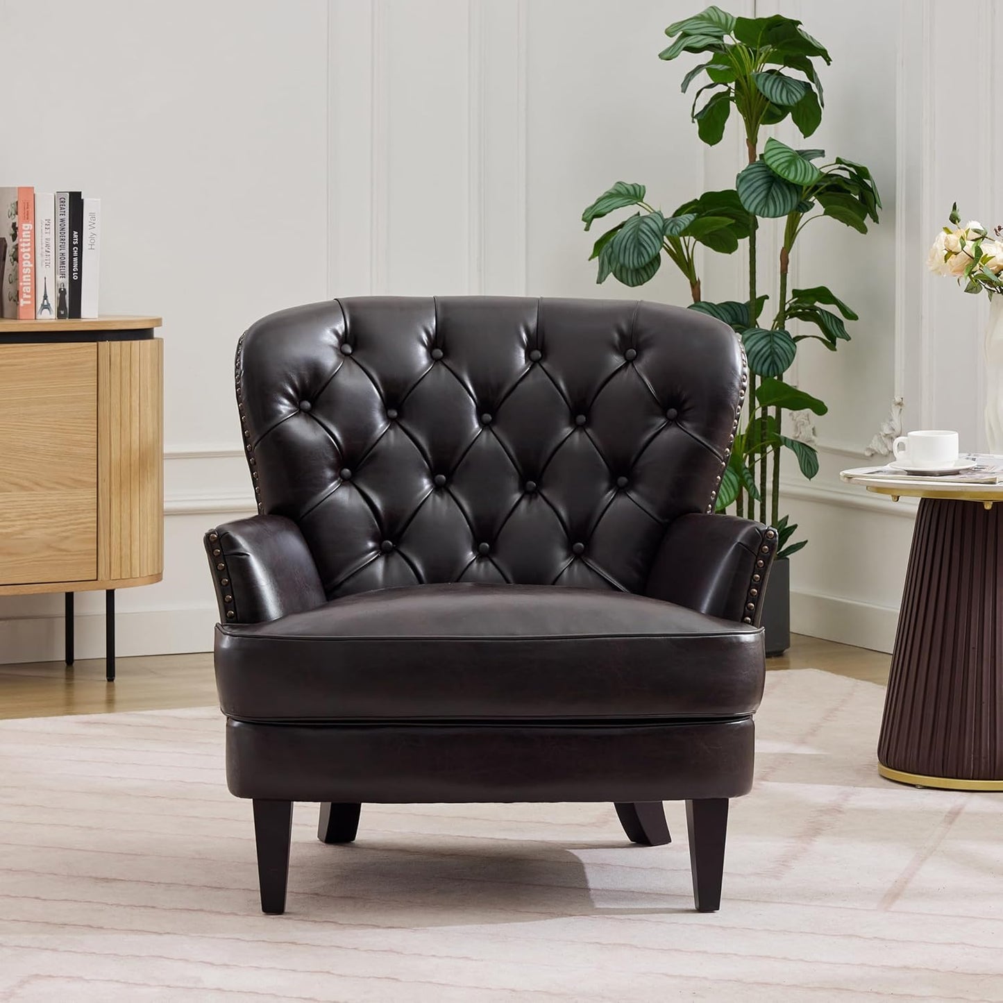 Ball & Cast Accent Chair,Mid-Century Lounge Living Room Chairs with Button Tufting,Upholstered Reading Accent Chair W/Solid Wood Legs and Curved Backrest,for Bedroom,Apartment,Dark Brown