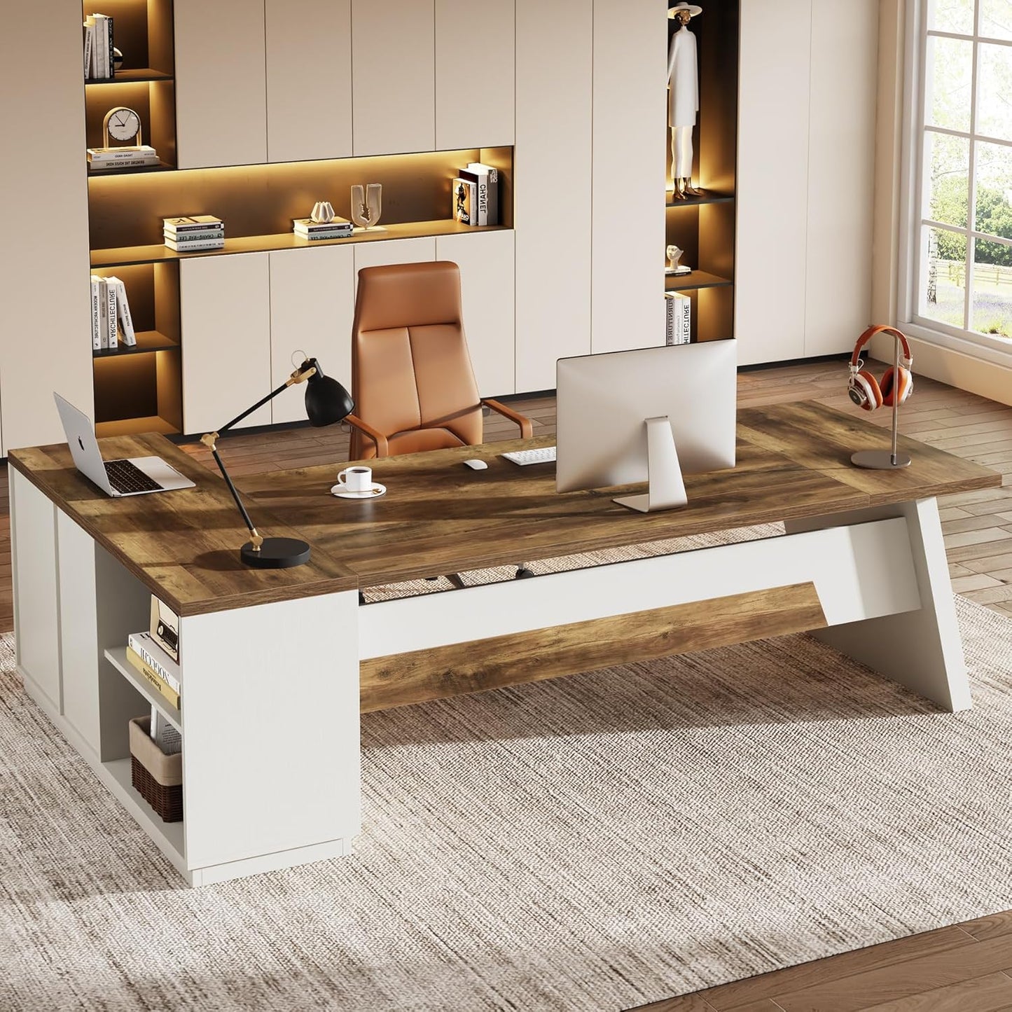 Tribesigns 78" L-Shaped Executive Desk, Large Modern Office Desk with Drawers and Lateral File Cabinet, Business Furniture with Storage Shelves, Big Computer Desk for Home Office (Brown + White)