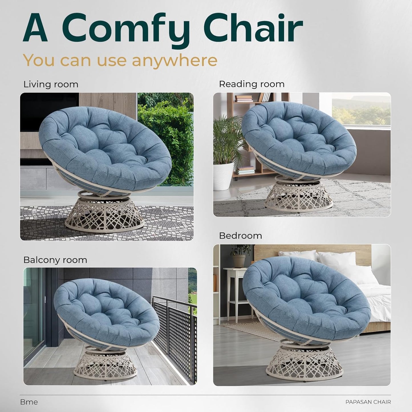 Bme 40" Ergonomic Wicker Papasan Chair with Soft Thick Density Fabric Cushion, High Capacity Steel Frame, 360 Degree Swivel for Living, Bedroom, Reading Room, Lounge, Serene Oasis - White Base