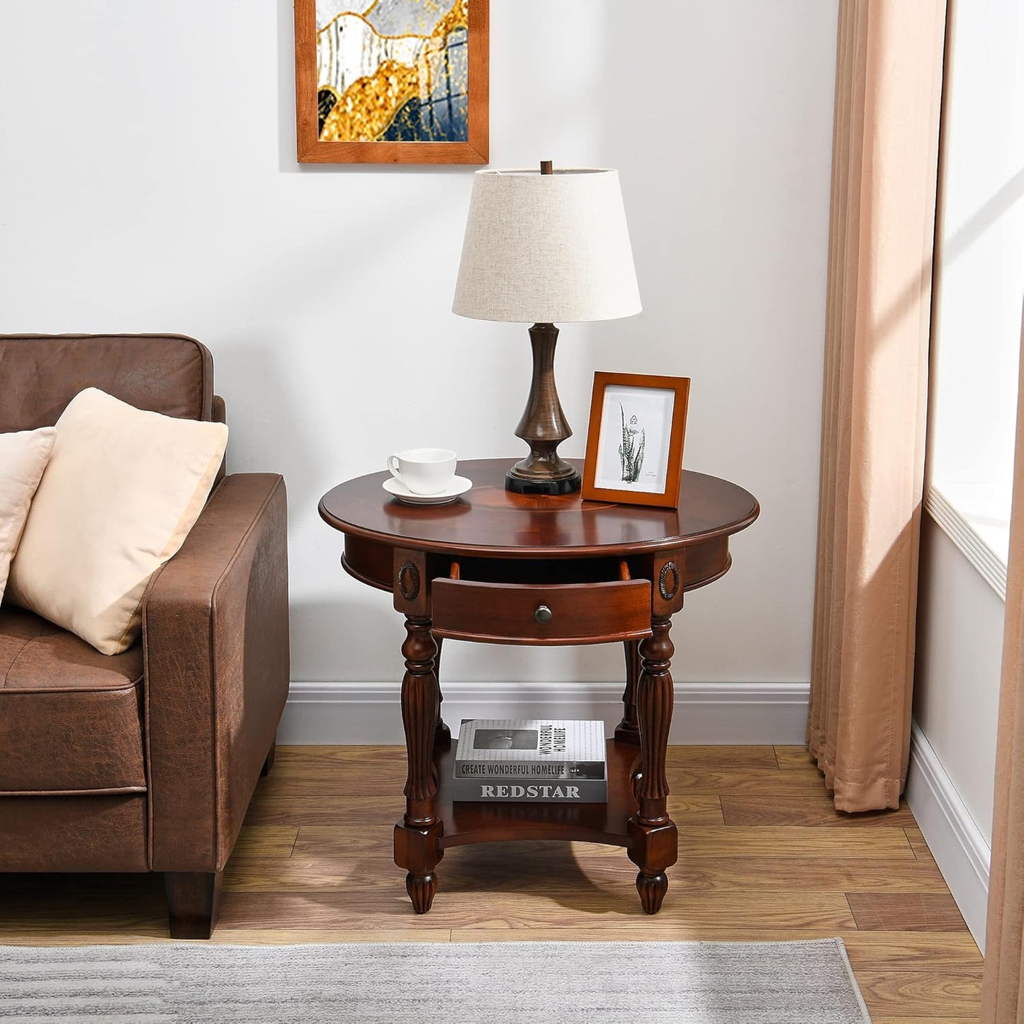 LEEMTORIG Oval Round End Table, 2-Tier Cherry Wood End Table Solid Wood Side Table with Drawer, Victorian Vintage Nightstand for Bedroom Living Room, 28"W x 22"D x 24.2"H, Cherry Walnut CJZ-1533-WD-DR