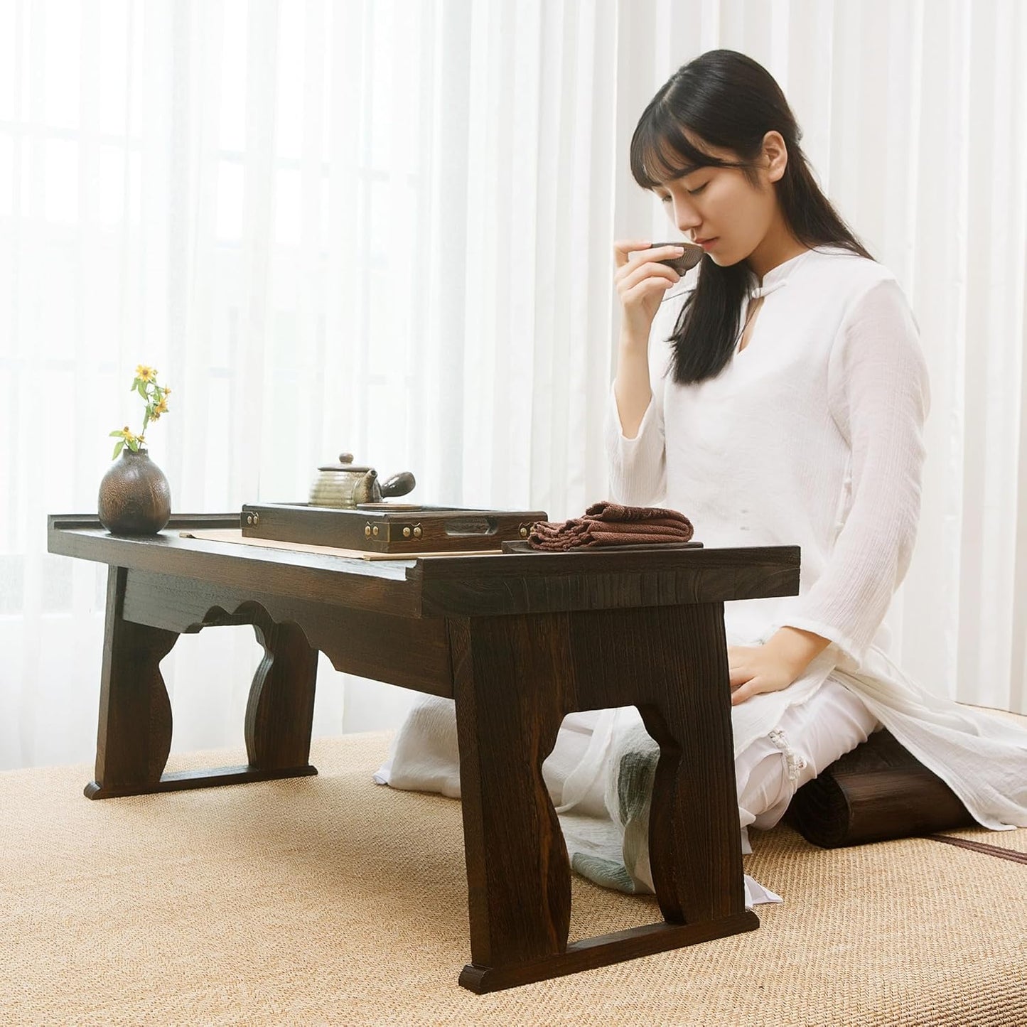Japanese Wood Floor Table with Foldable Legs - Coffee Tables for Living Room, Bed Desk Tray,Meditation Altar, Laptop Desk
