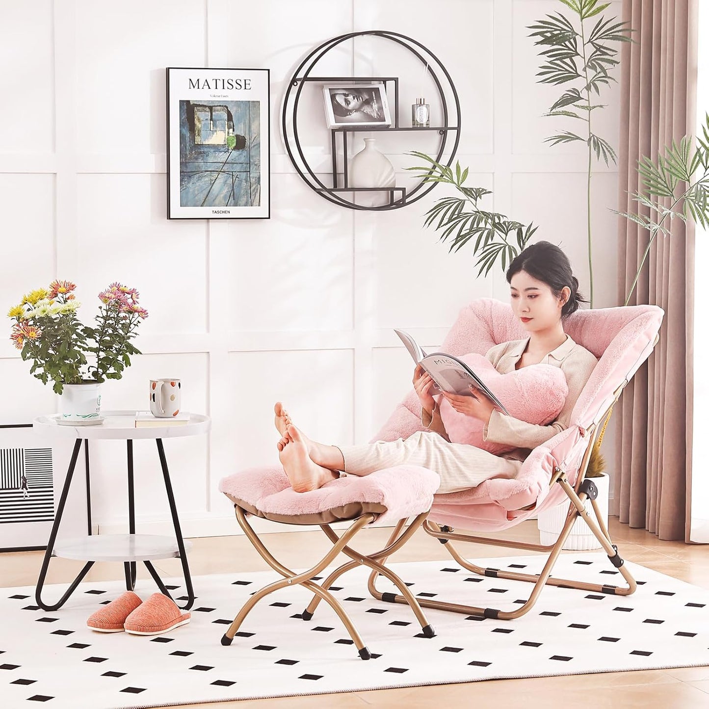 Comfy Saucer Chair with Ottoman, Oversized Folding Faux Fur Chair Soft Furry Lounge Lazy Chair with Metal Frame Moon Chair Accent Chair for Bedroom, Living Room, Dorm Rooms