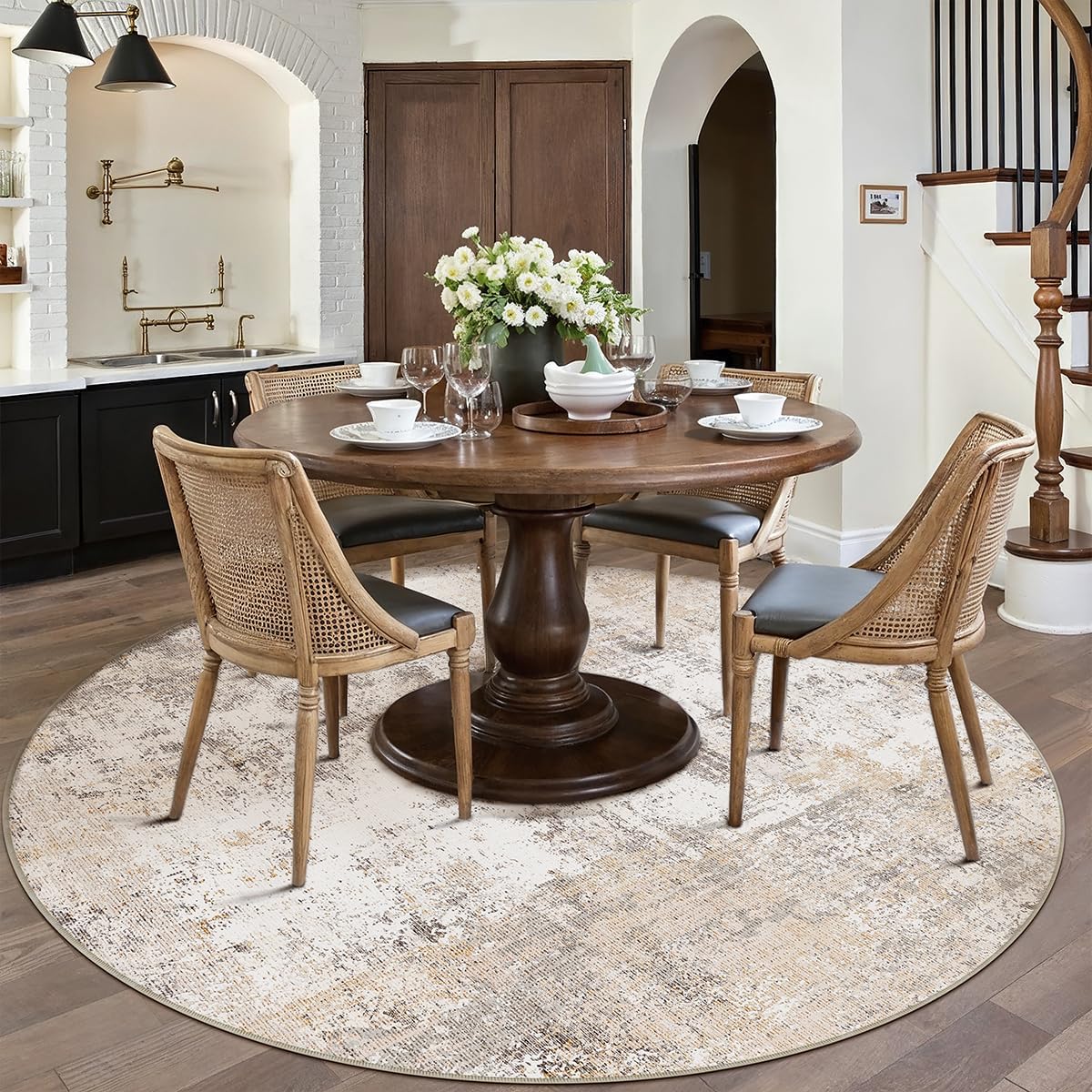 8x8 Washable Round Rug Beige Grey Neutral Abstract Living Room Bedroom Large Area Rug Non Slip Soft Low Pile Indoor Floor Carpet for Dining Room Kitchen Office Entryway