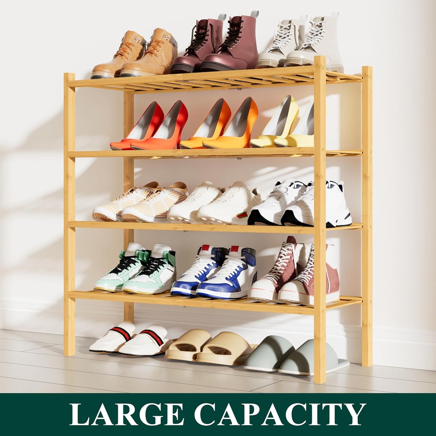 Smiry Shoe Rack, 4 Tier Bamboo Shoe Organizer, Stackable Free Standing Wooden Shoe Storage Shelf for Closet, Entryway, Front Door Entrance, Natural