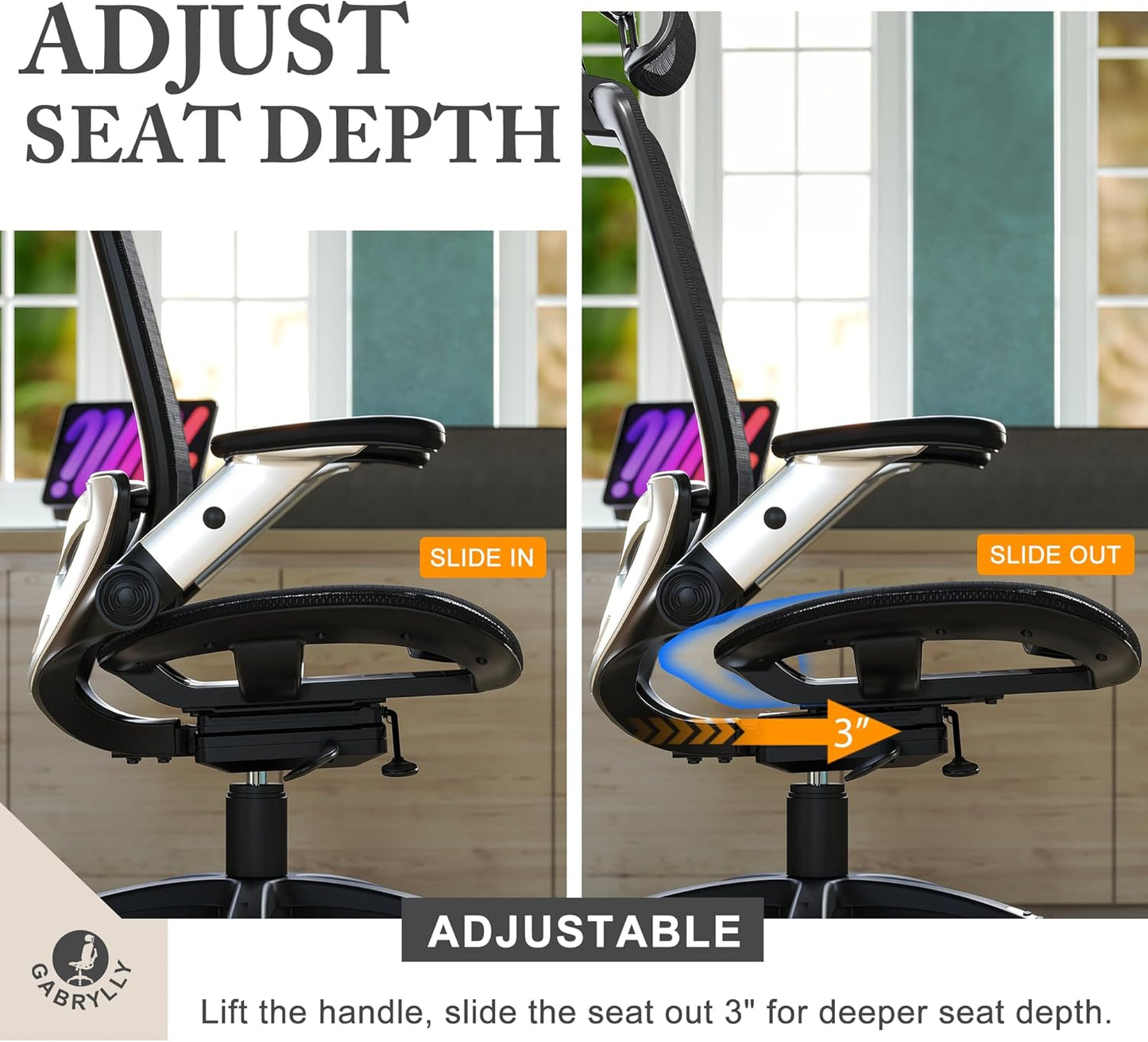 GABRYLLY Ergonomic Office Mesh Chair, High-Back Desk Chair with Sliding Seat, Adjustable Flip-up Armrest & 2D Headrest, 4-Gear Tilt Function, Swivel Computer Gaming Chairs for Man Woman