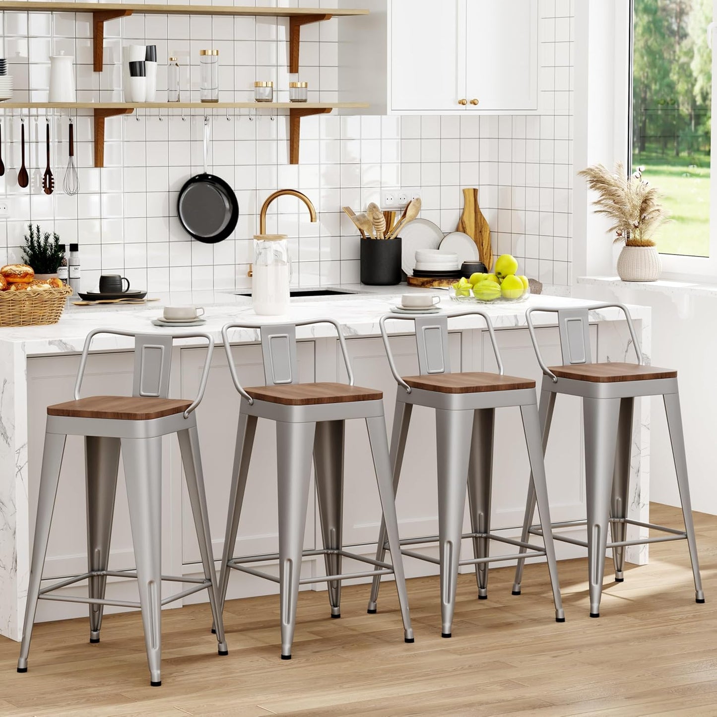 WENTMENT Bar Stools Set of 4 Counter Height Stools with Removable Back 30" Kitchen Bar Stools with Wooden Seat, Silver