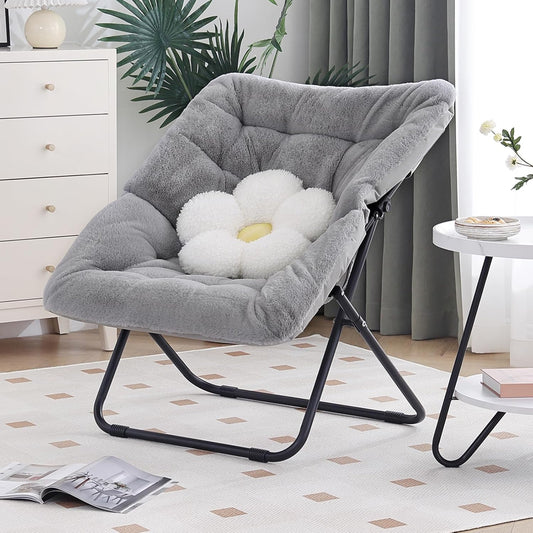 Comfy Dorm Chair - Oversized Folding Saucer Chair with Soft Faux Fur, Metal Frame, for Bedroom, Living Room, Balcony, Patio, Study, Playroom (Grey)