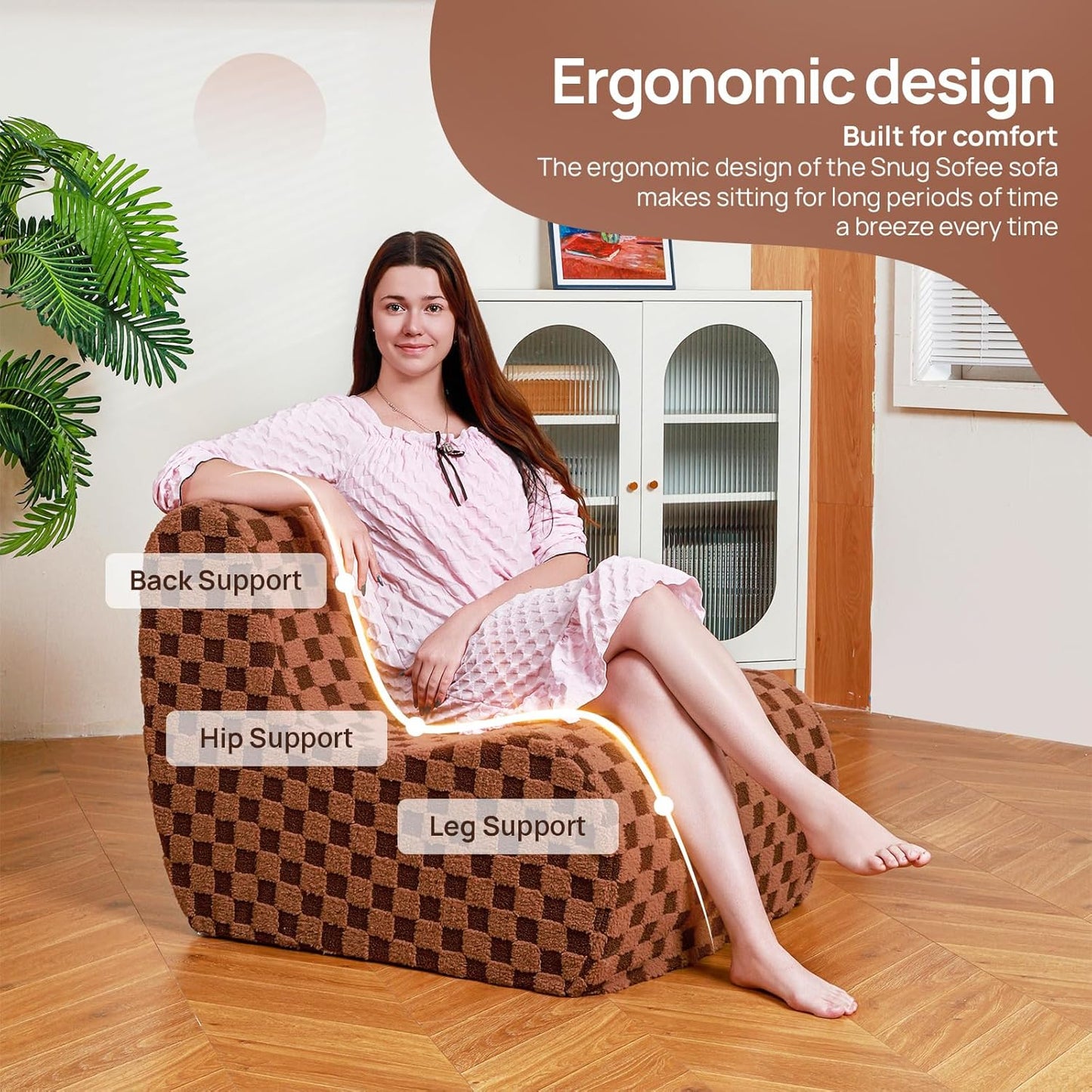 Giant Bean Bag Chair for Adults with Ottoman, Teddy Fabric Beanbag Chair with Memory Foam Filled,Plush Lazy Floor Sofa with Footstool Couch for Living Room,Bedroom,Dorm, Apartment, Brown