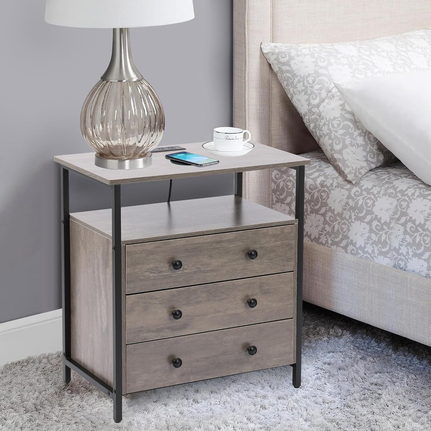 3 Wooden Drawers Nightstand, 27 Inch Wide Night Stand Set 2 with Charging Station and Adjustable Drawers, Bedside Table for Living Room/Bedroom/Office, Gray.