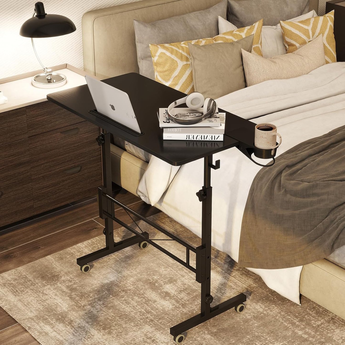 Hadulcet Small Standing Desk Adjustable Height, Mobile Stand Up Desk with Wheels, Portable Walking Pad Table Stand, Rolling Laptop Cart for Standing or Sitting, Black