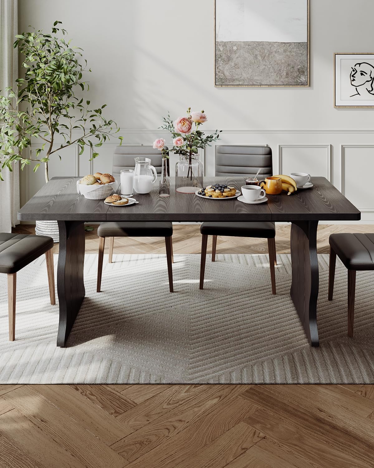 LITTLE TREE Modern Dining Table for 4-6, 63-Inch Rectangular Black Kitchen Table, Wood Kitchen & Dining Room Furniture