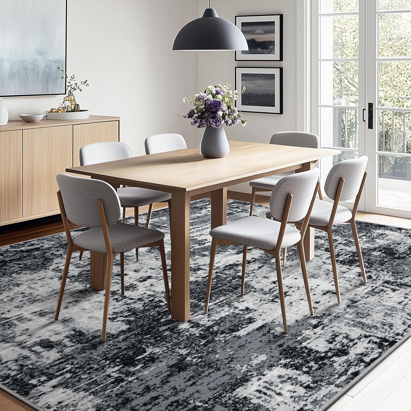 Washable Area Rugs 6'x9' Non-Slip Modern Abstract Soft for Living Room Entryway Bedroom Nursery, Print Pattern, Black Gray