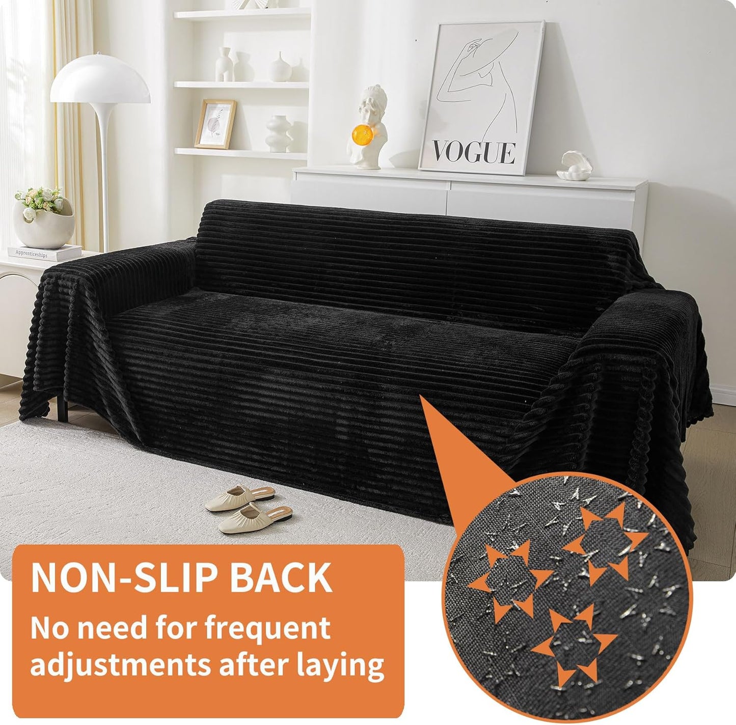 HAOMAIJIA Faux Fur Sofa Covers Couch Covers for 3 Cushion Couch Sofa Pet Friendly Soft Non Slip Couch Cover for Dogs Washable Sectional Couch Covers L Shape Furniture Protector (Black, 91"x150")