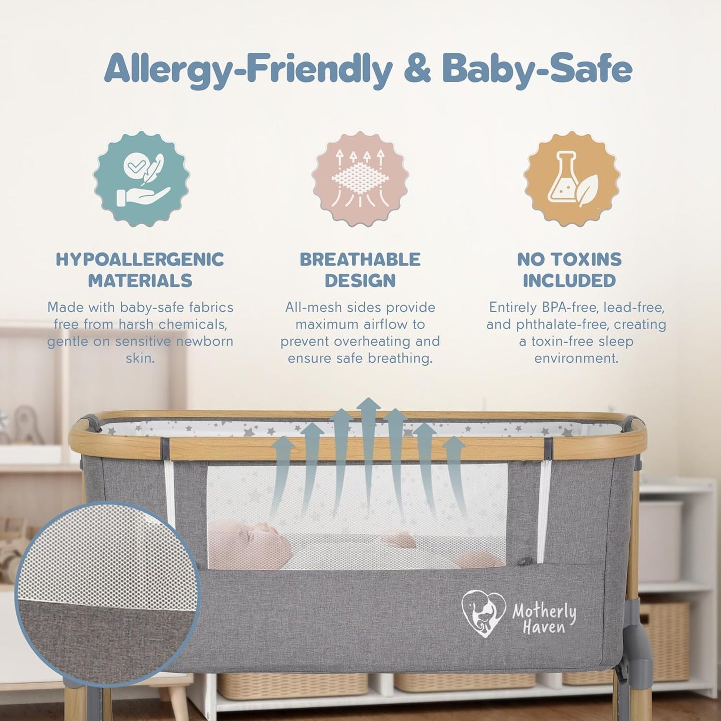 Baby Bassinet Bedside Sleeper, Portable Crib for Newborns, Adjustable 7-Height Auto-Lock, with Wheels, Soft Mattress & Breathable Mesh (Light Grey)