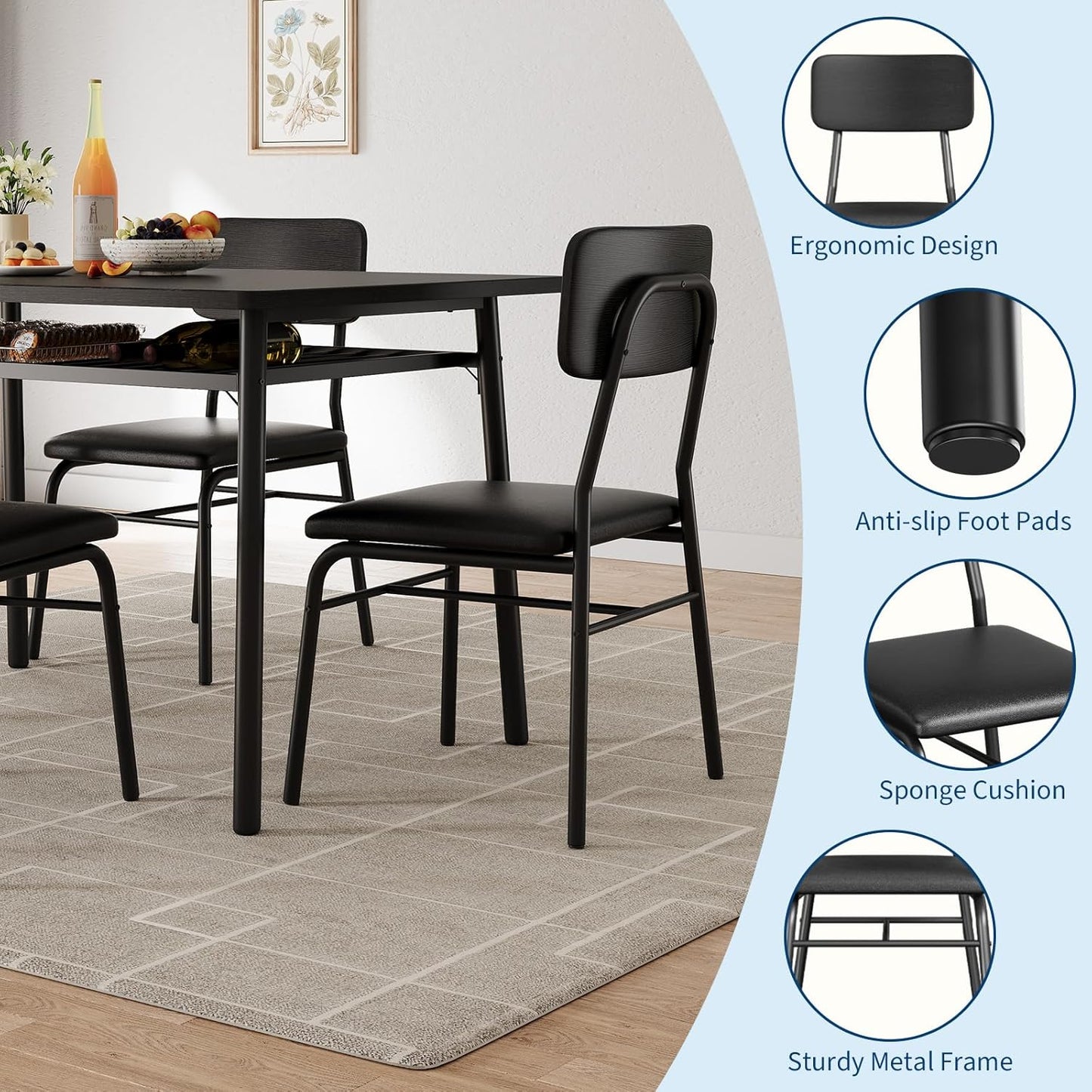 GarveeHome Dining Table for 2 with Storage Rack, Small Kitchen Table for 2 with Metal Frame, Square Table with Upholstered Chairs Set of 2, 3-Piece Dining Room Set for Small Space, Apartment, Black