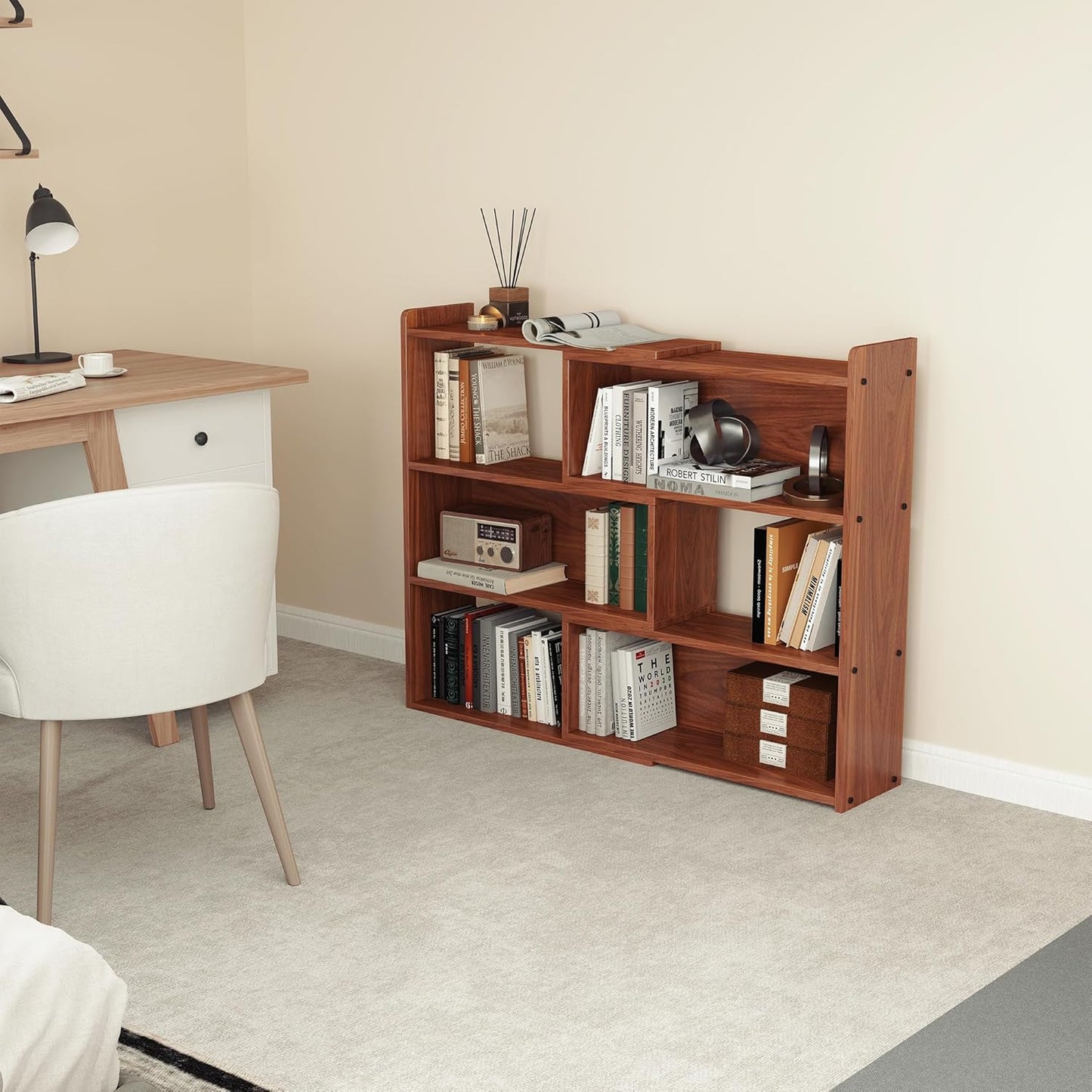 Open Shelf Low Bookcase,Wooden 4-Tier Floor Standing Expandable 25-47 inch Wide Bookcase,with Side Panels Frame for Home and Office (Walnut)