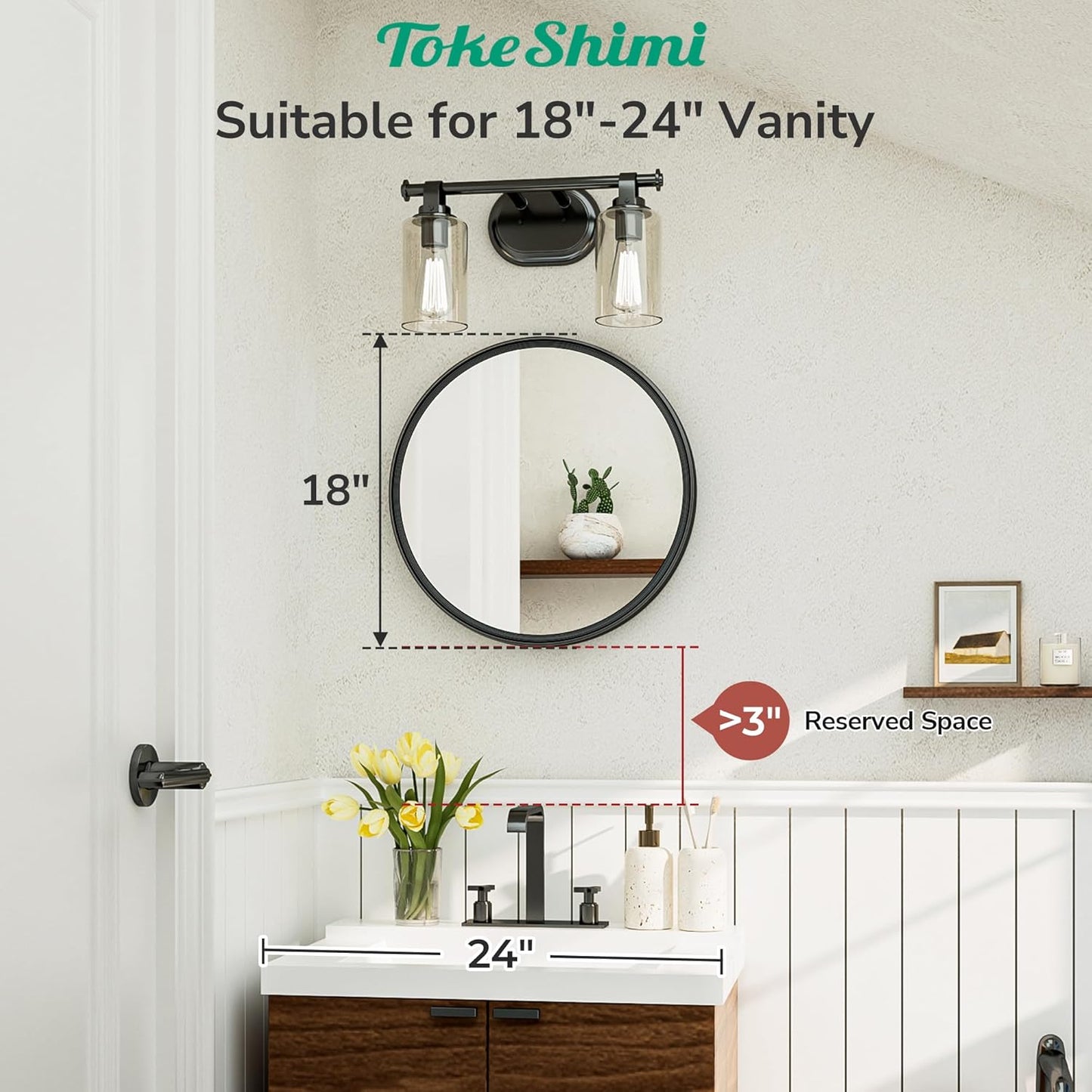 TokeShimi 18 in Round Framed Black Mirror for Bathroom, Shatterproof Circle Bathroom Vanity Mirror, 18x18 Round Wall Mirrored Farmhouse Metal for Living Room, Entryway, Bedroom, Restroom, Vanity