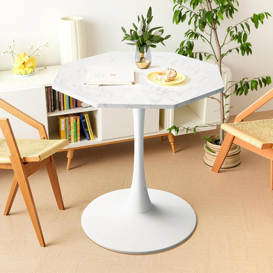Dining Table for 2-4, 31.5" Kitchen Table with Printed Marble Top, Modern Tables for Dining Room, Living Room, Coffee Bar, White