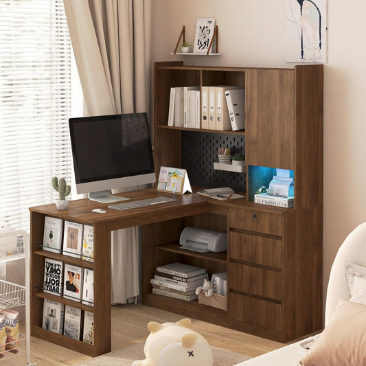 KEIKI L Shaped Home Office Desks with LED Light, Pegboard, Hutch, Drawers, Bookshelf & Storage Shelves, Modern Wooden Gaming Computer Corner Table for Work, Study, Writing