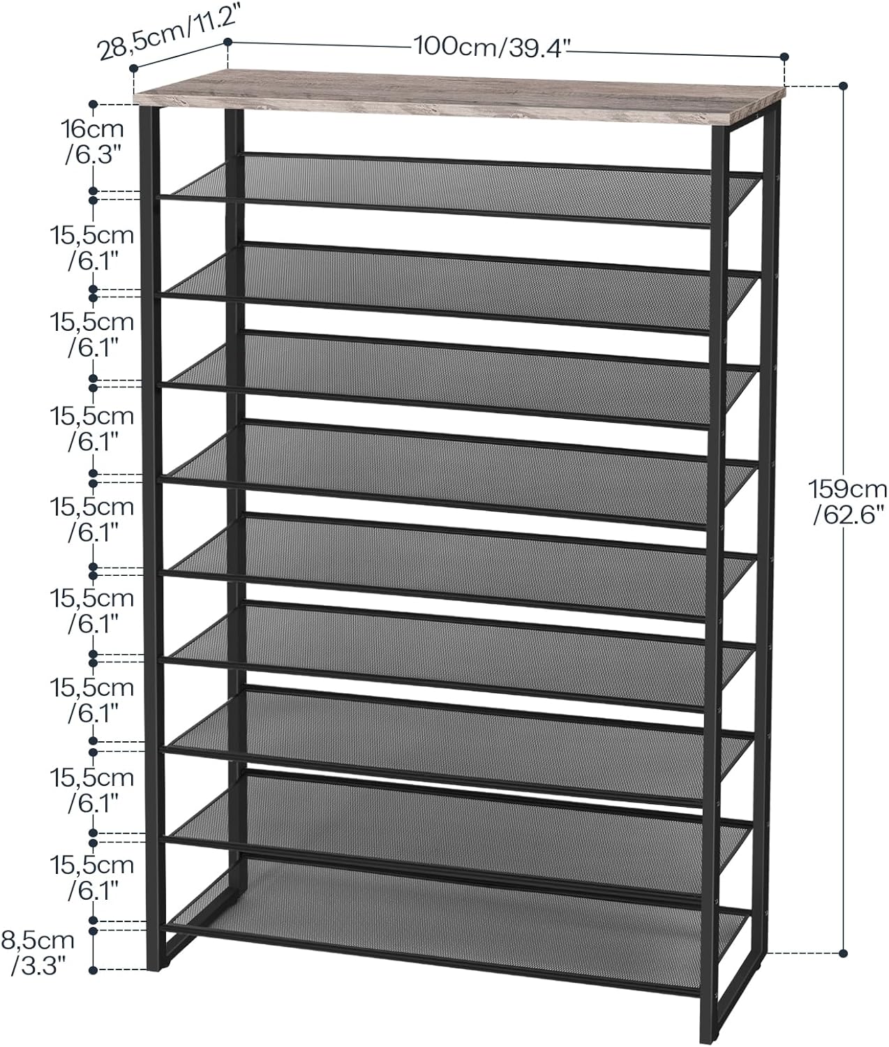 HOOBRO 10-Tier Shoe Rack, 39.4" L Shoe Storage Organizer, Large Capacity Shoe Shelf for Front Door Entrance, Entryway, Hallway, Holds 45-50 Pairs of Shoes, Closet, Greige and Black BG171XJ01