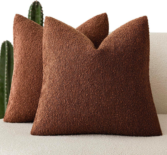 Foindtower Set of 2, Decorative Textured Boucle Throw Pillow Covers Accent Solid Pillow Cases Neutral Soft Cozy Couch Cushion Case for Chair Sofa Bedroom Living Room Home Decor 24x24 Inch Red Taupe