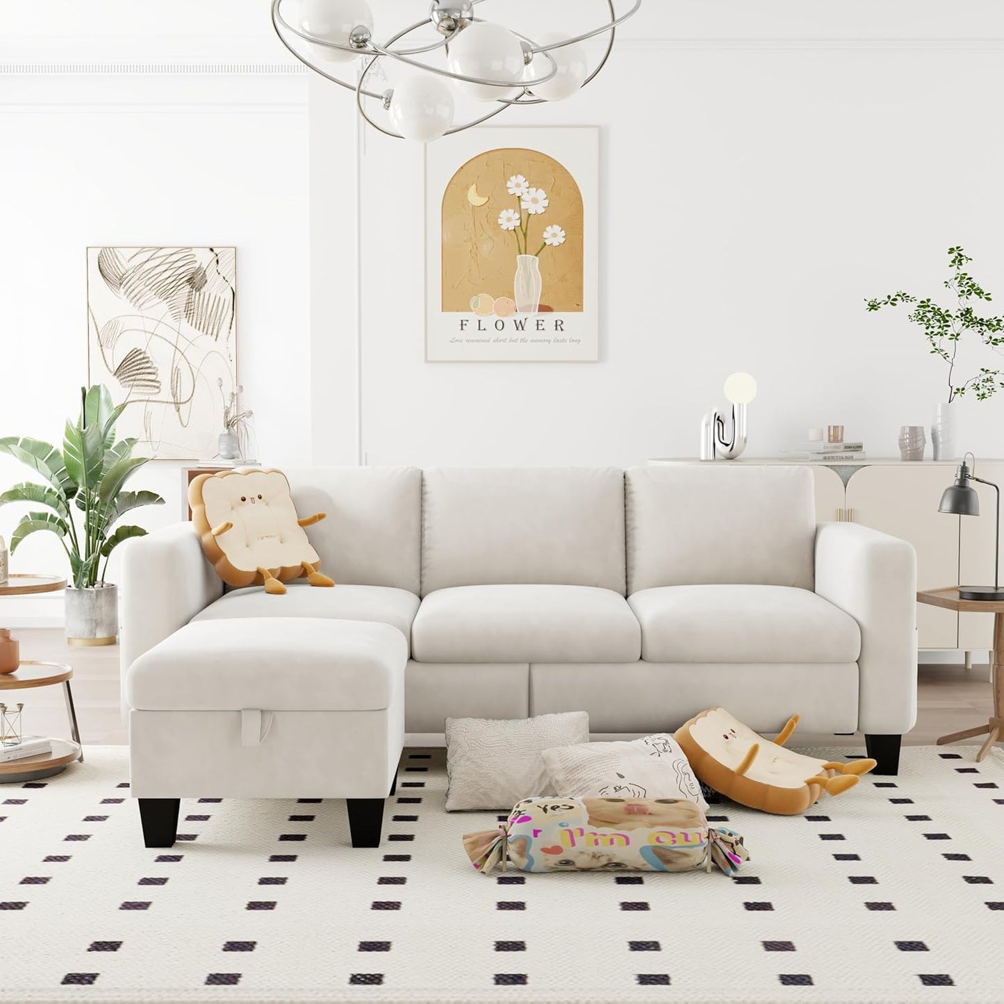 ZeeFu Convertible Sectional Sofa Couch, 3 Seat L-Shaped Sofa with Movable Ottoman, Modern Mocha Brown Velvet Linen Upholstered Small Sectional Sofa Couch for Small Space Apartment Living Room Office