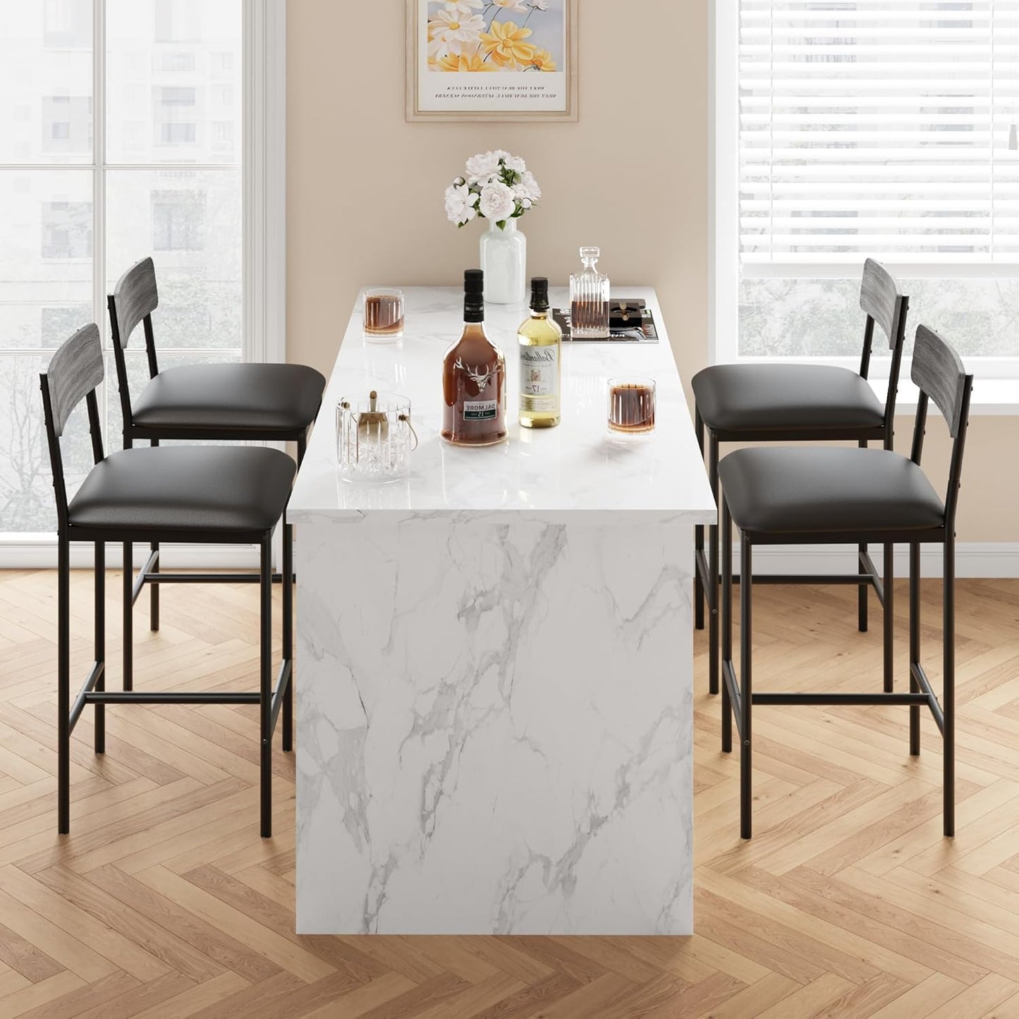 GarveeHome Bar Stools Set of 4, Upholstered Counter Height Bar Stools with Backrest and Footrest, Kitchen Barstools for Island, Counter Bar, Easy Assembly, Rustic Gray